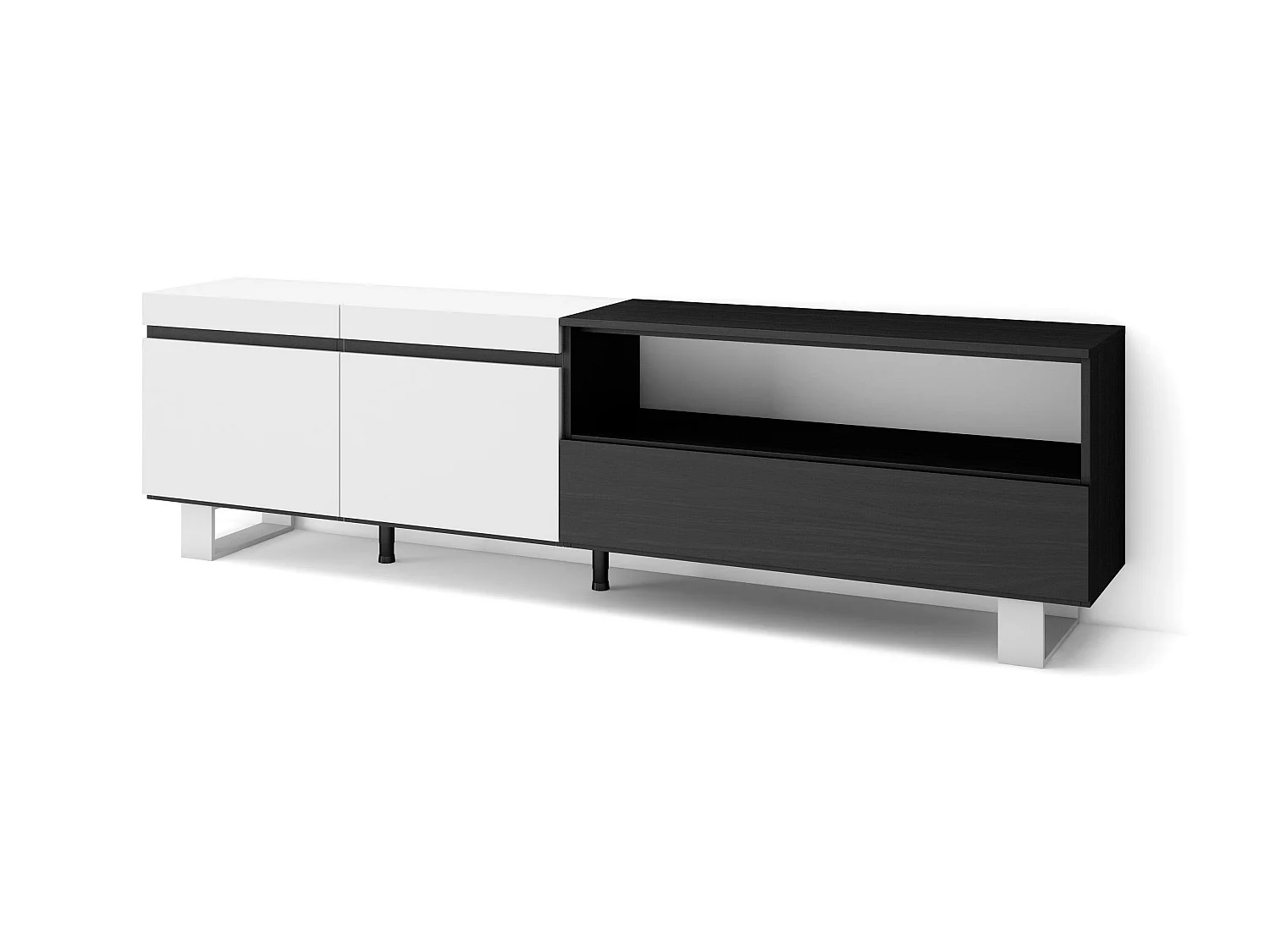 Meuble TV, Banc Télé, 200x35x57cm, Pour les TV jusqu'à 80", Design industriel, Blanc et noir