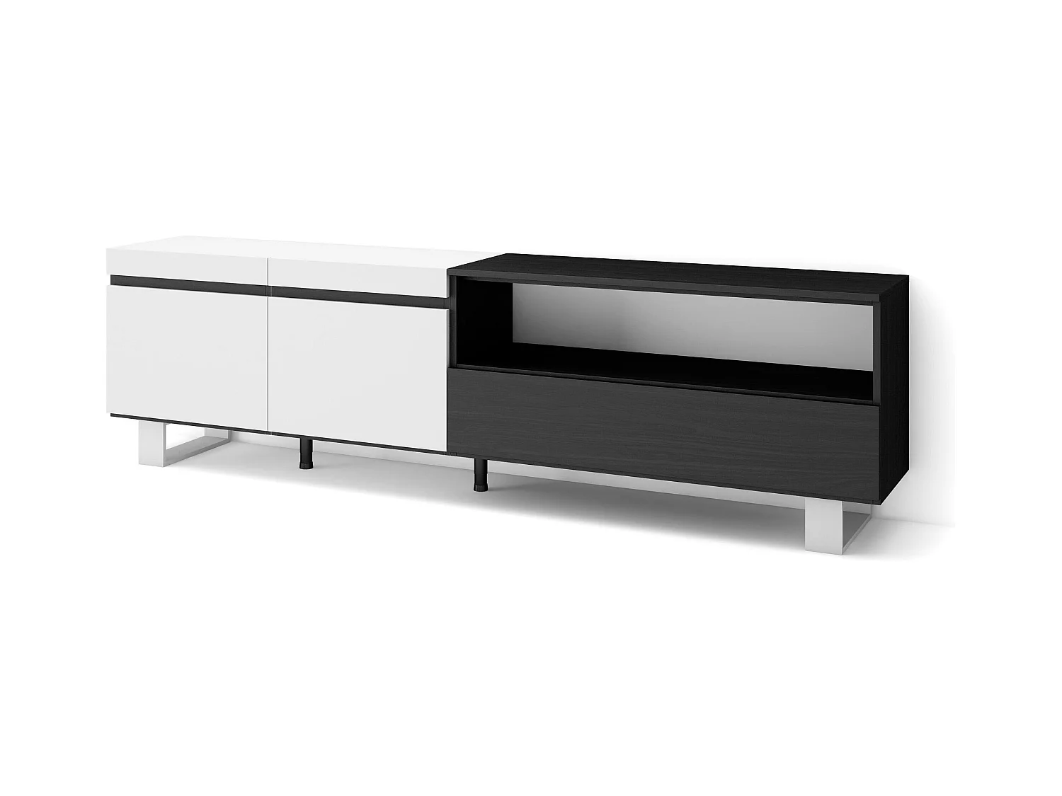 Meuble TV, Banc Télé, 200x35x57cm, Pour les TV jusqu'à 80", Design industriel, Blanc et noir