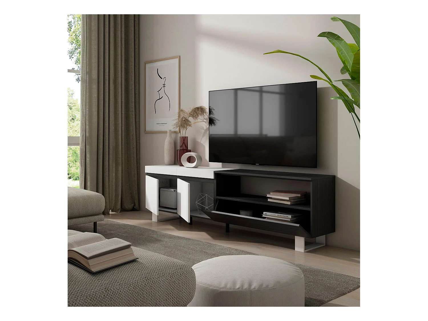 Meuble TV, Banc Télé, 200x35x57cm, Pour les TV jusqu'à 80", Design industriel, Blanc et noir