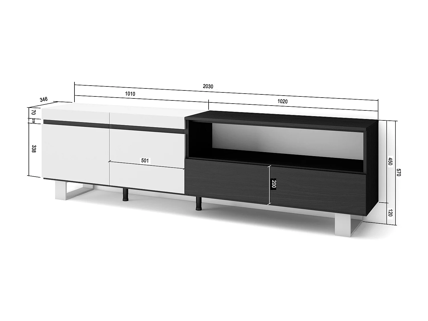 TV-Meubel, Lowboard, 200x35x57cm, Voor tv's tot 80", Industrieel design, Wit en Zwart