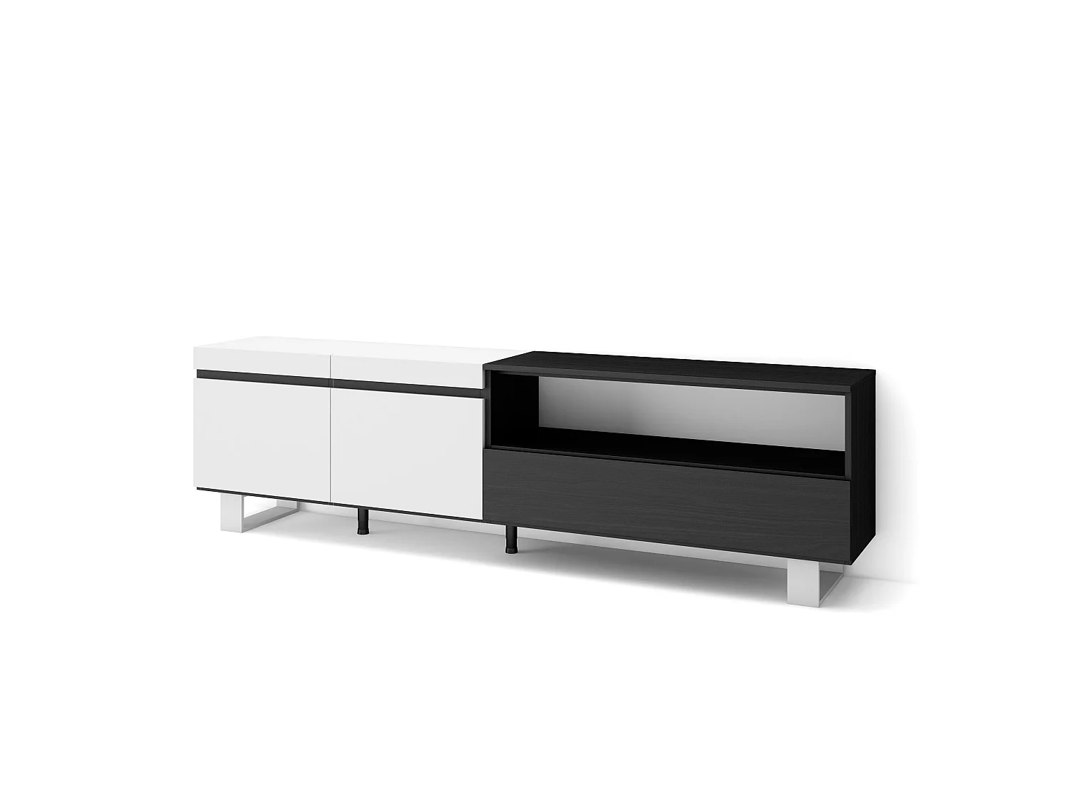 TV-Meubel, Lowboard, 200x35x57cm, Voor tv's tot 80", Industrieel design, Wit en Zwart