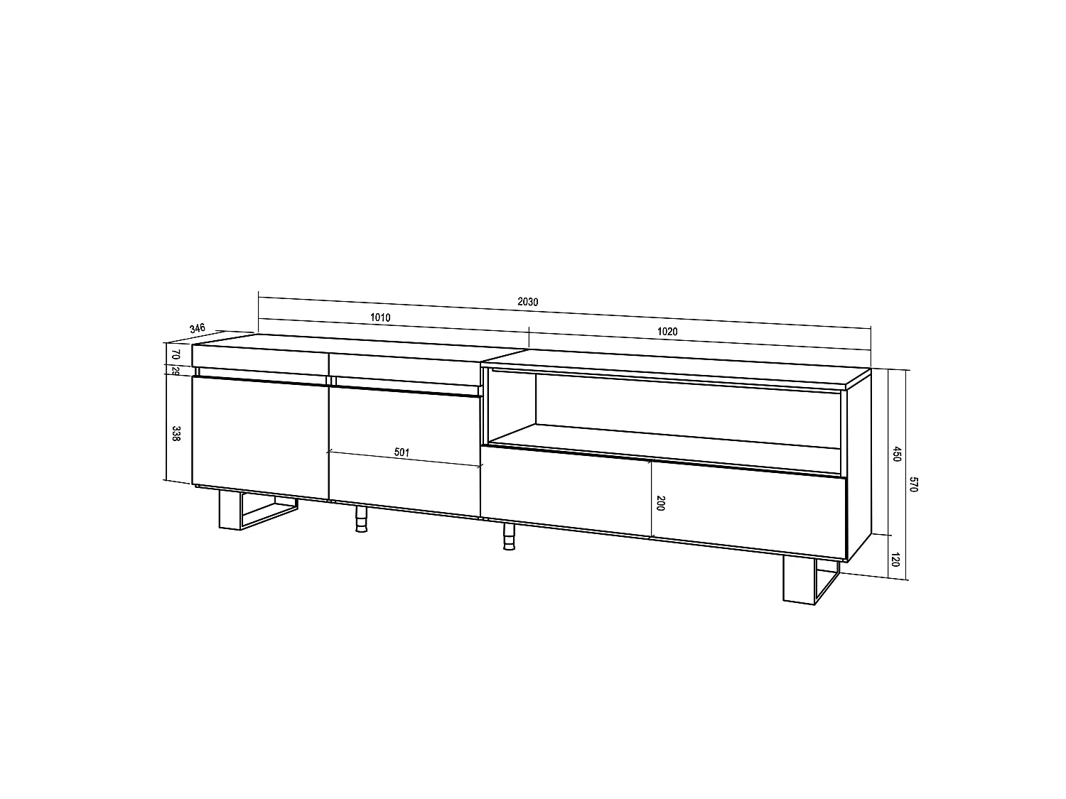 TV-Meubel, Lowboard, 200x35x57cm, Voor tv's tot 80", Industrieel design, Wit en Zwart