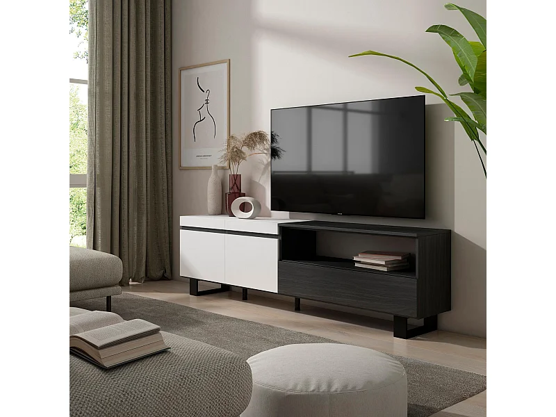 TV-Schrank, Lowboard, 200x35x57cm, Für TV-Geräte bis zu 80", Industriedesign, Weiß und Schwarz