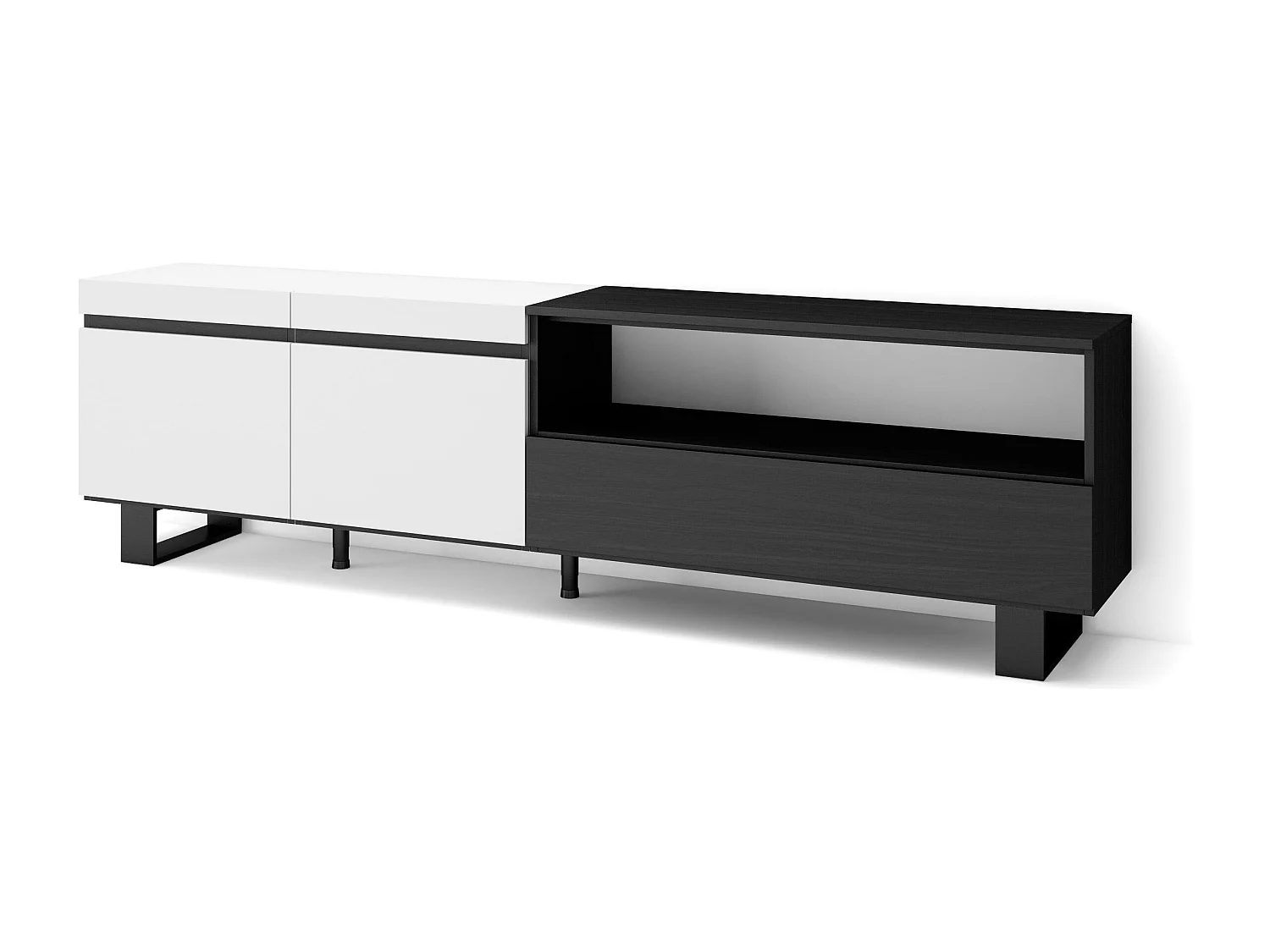 TV-Schrank, Lowboard, 200x35x57cm, Für TV-Geräte bis zu 80", Industriedesign, Weiß und Schwarz
