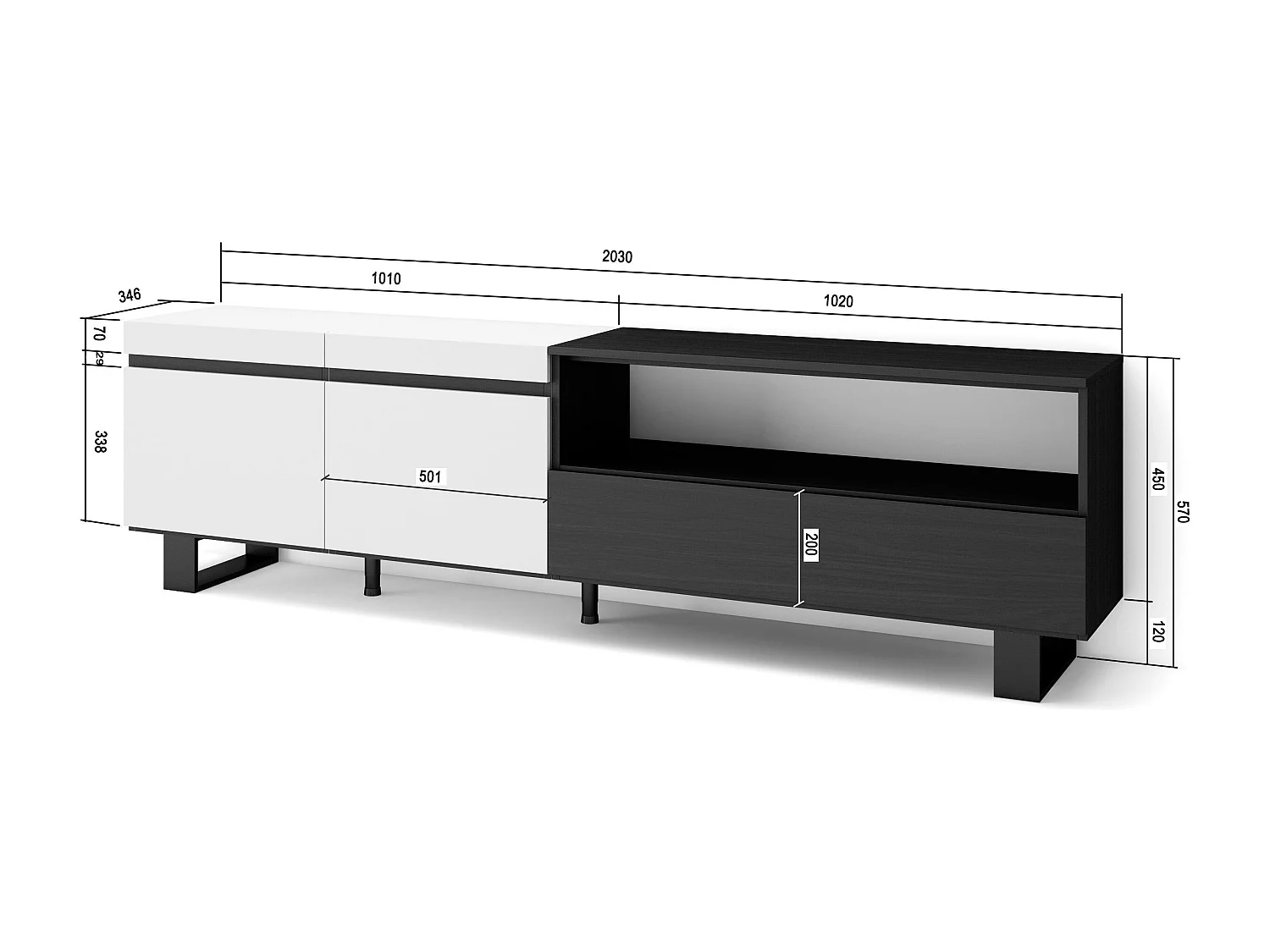TV-Schrank, Lowboard, 200x35x57cm, Für TV-Geräte bis zu 80", Industriedesign, Weiß und Schwarz