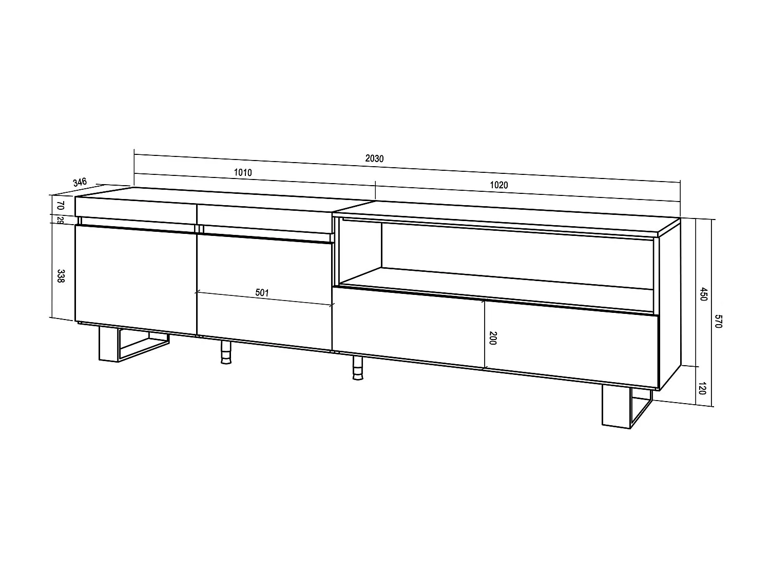 TV-Schrank, Lowboard, 200x35x57cm, Für TV-Geräte bis zu 80", Industriedesign, Weiß und Schwarz