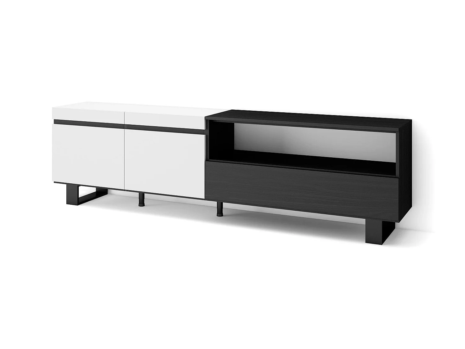 Meuble TV, Banc Télé, 200x35x57cm, Pour les TV jusqu'à 80", Design industriel, Blanc et noir