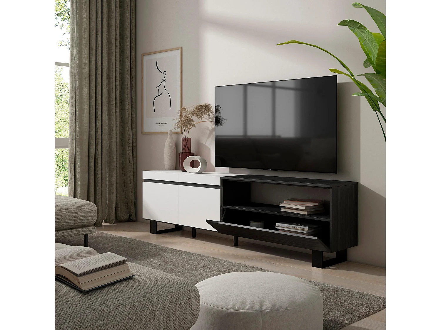 Meuble TV, Banc Télé, 200x35x57cm, Pour les TV jusqu'à 80", Design industriel, Blanc et noir