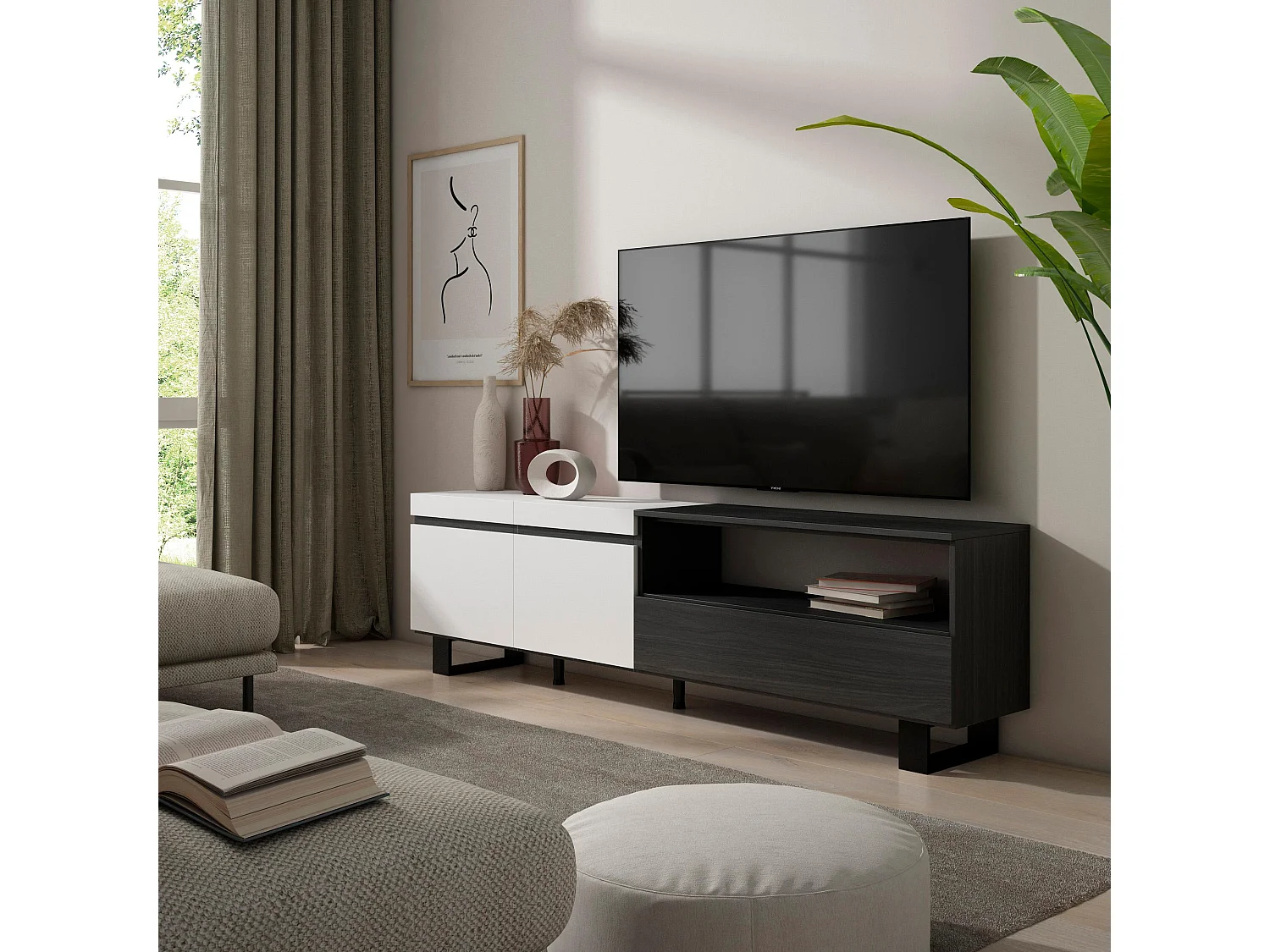 TV-Meubel, Lowboard, 200x35x57cm, Voor tv's tot 80", Industrieel design, Wit en Zwart