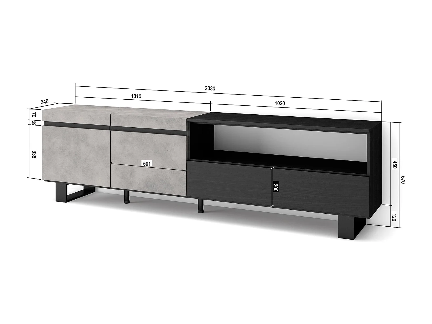 TV-Meubel, Lowboard, 200x35x57cm, Voor tv's tot 80", Industrieel design, Cement