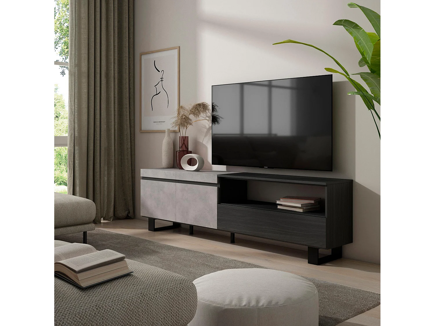 TV-Meubel, Lowboard, 200x35x57cm, Voor tv's tot 80", Industrieel design, Cement