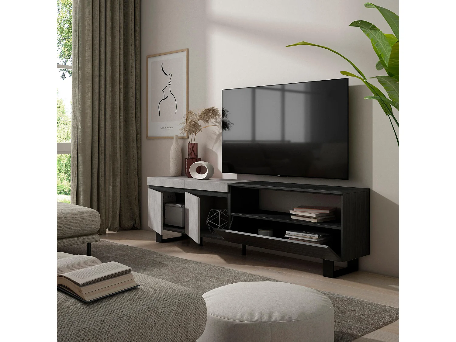 TV-Meubel, Lowboard, 200x35x57cm, Voor tv's tot 80", Industrieel design, Cement