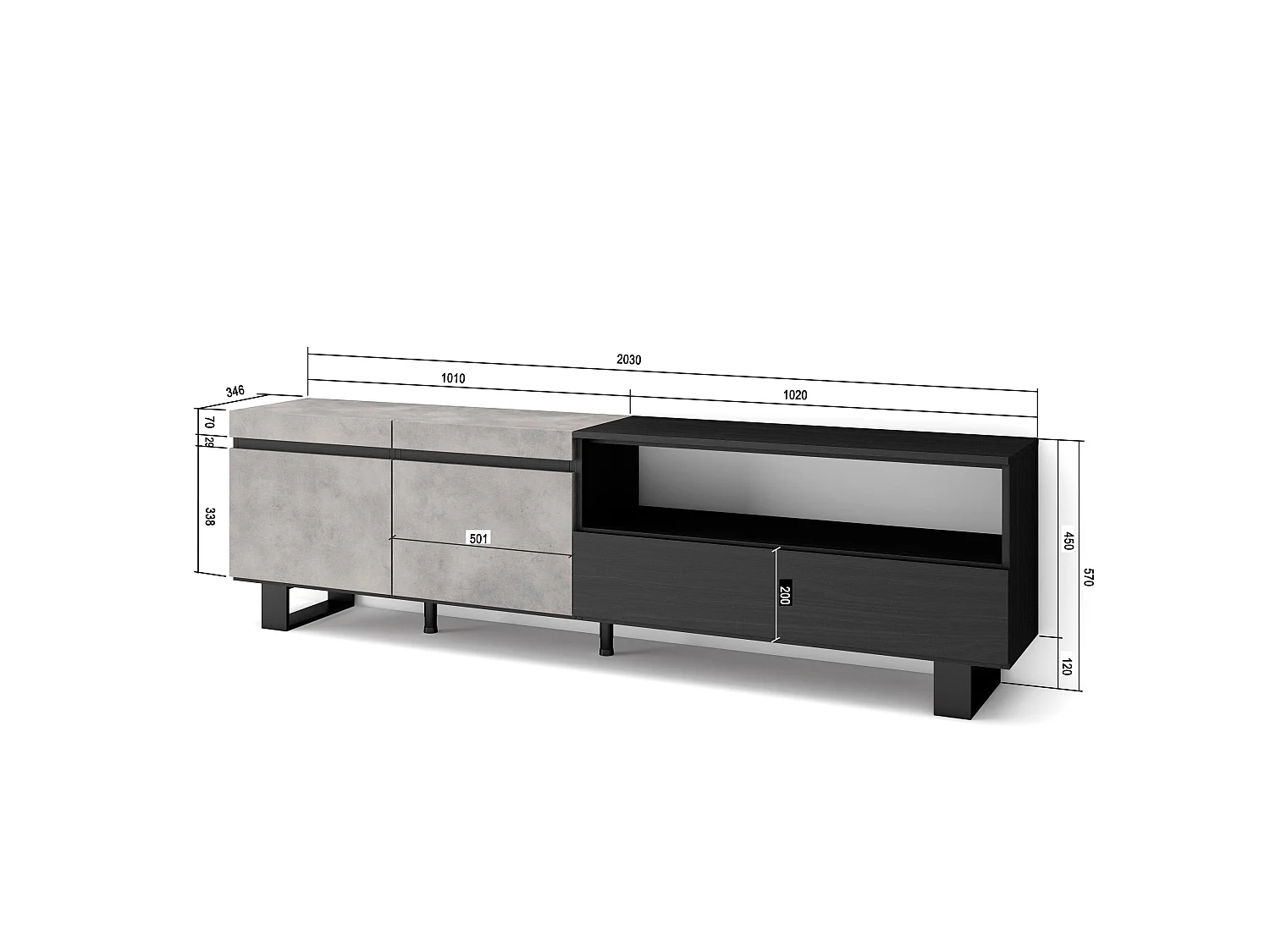 TV-Meubel, Lowboard, 200x35x57cm, Voor tv's tot 80", Industrieel design, Cement