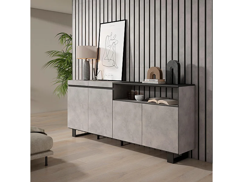 Dressoir, Opbergkast, 200x35x87cm, 4 Deuren, Industrieel design, Cement