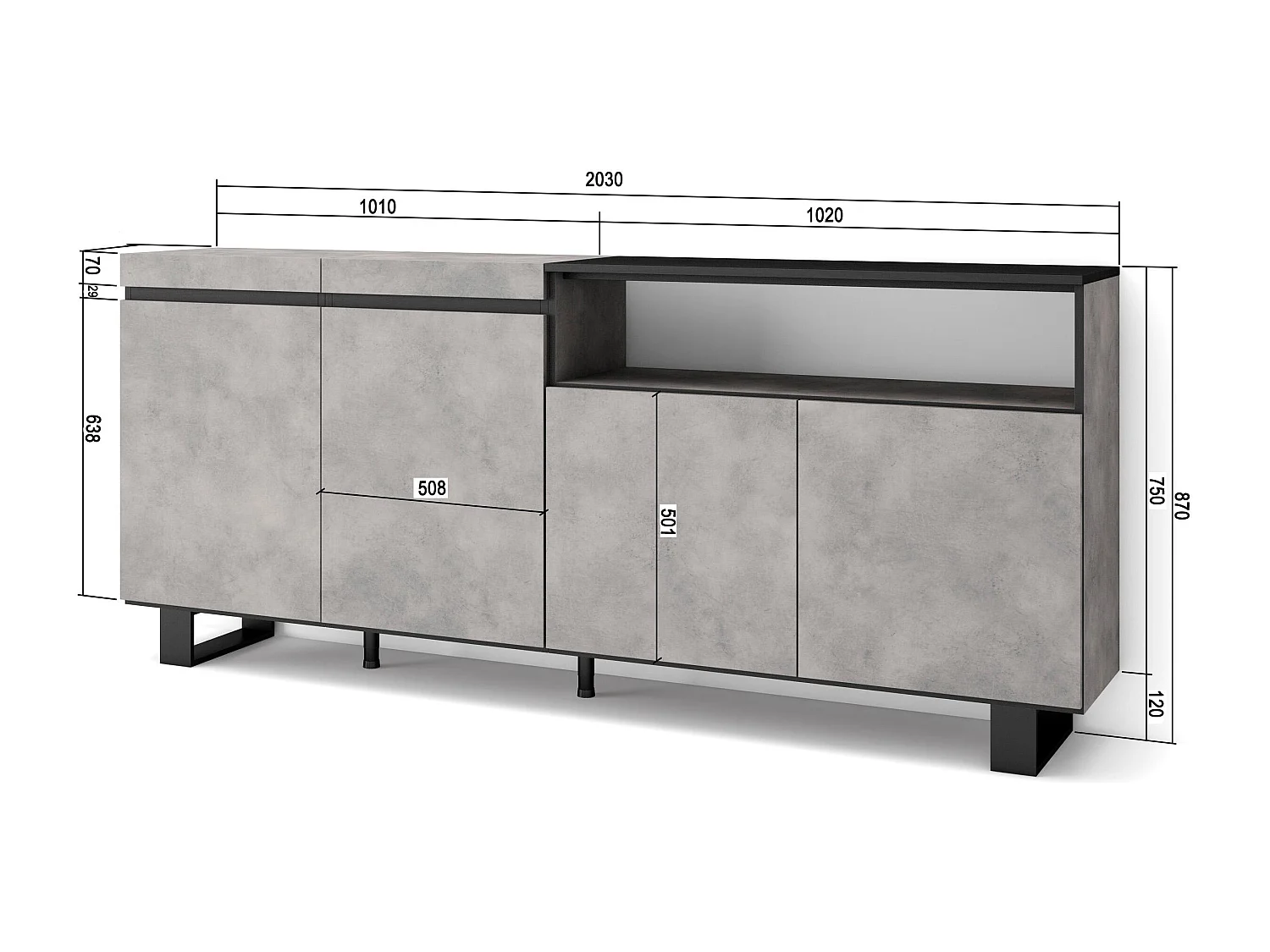 Credenza, Mobile, Cucina, 200x35x87cm, 4 Porte, Design industriale, Cemento