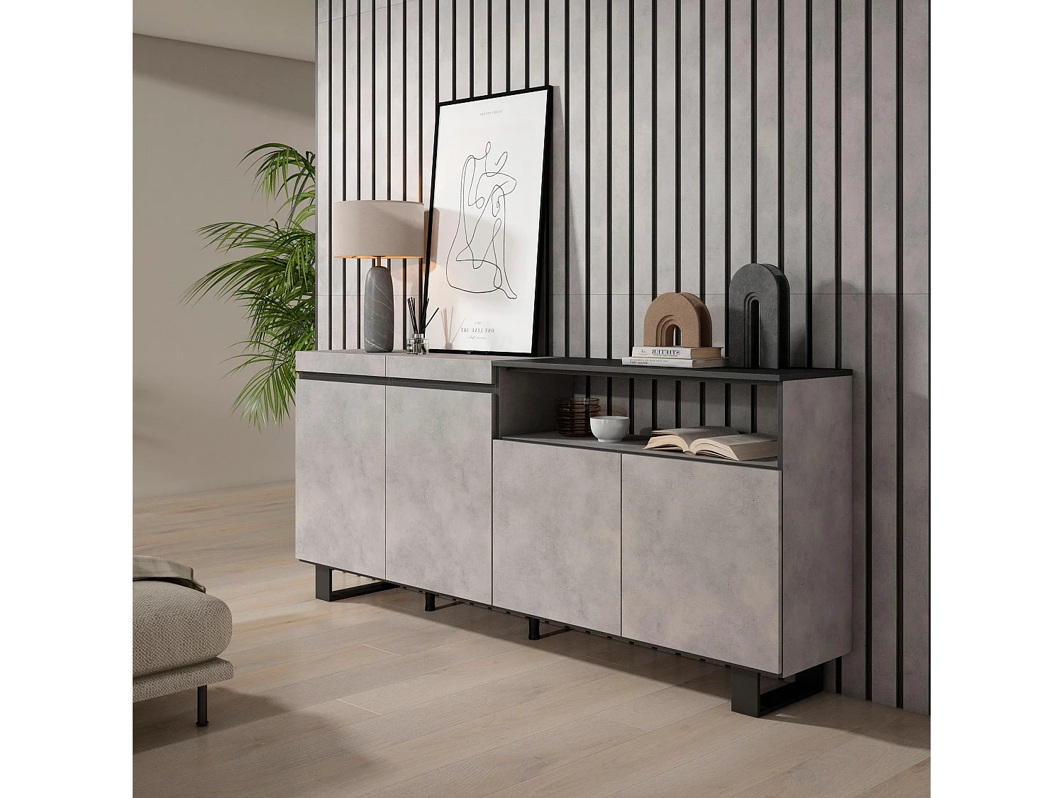 Dressoir, Opbergkast, 200x35x87cm, 4 Deuren, Industrieel design, Cement