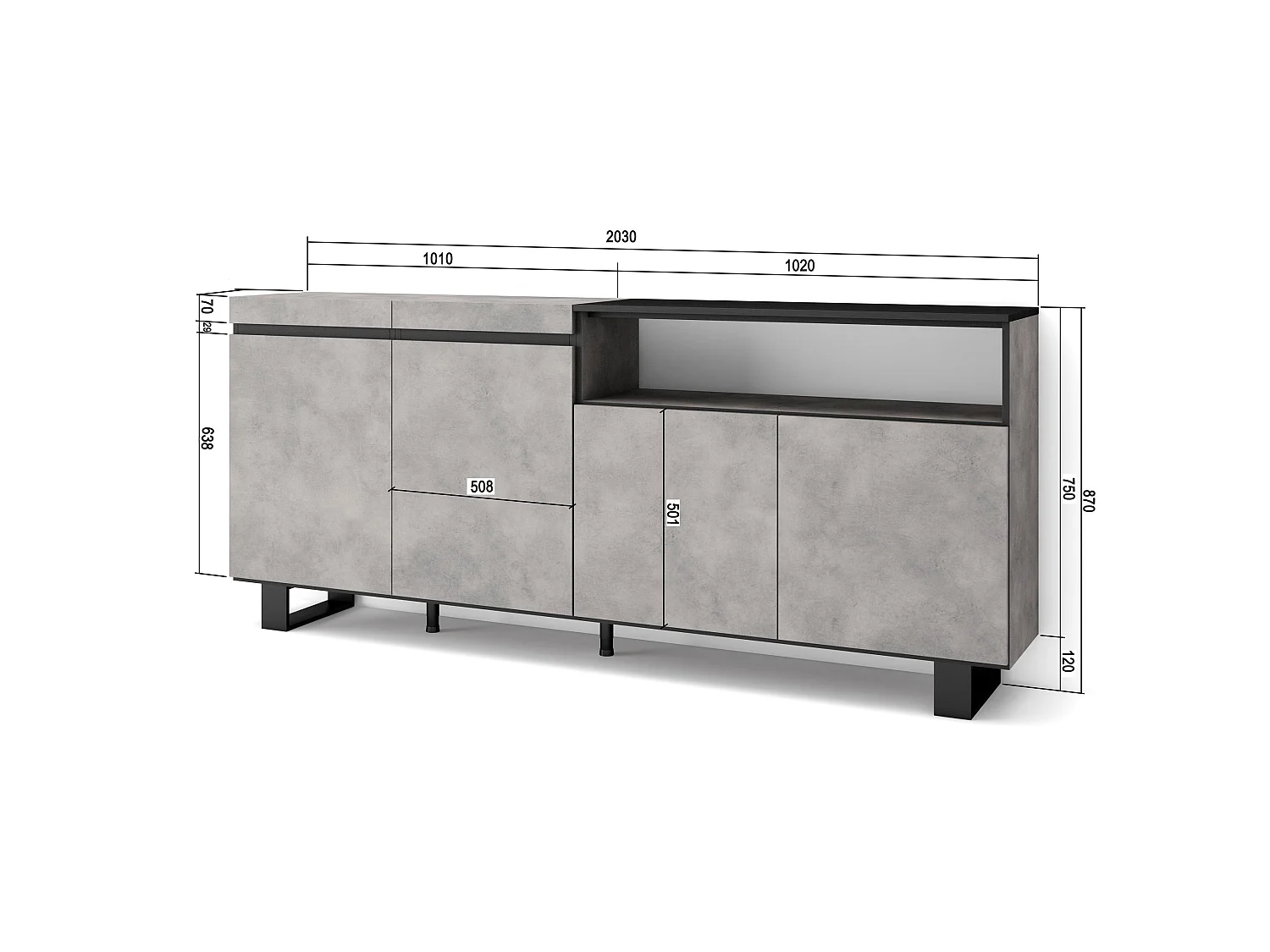 Buffet salon et cuisine, 200x35x87cm, 4 Portes, Design industriel, Ciment