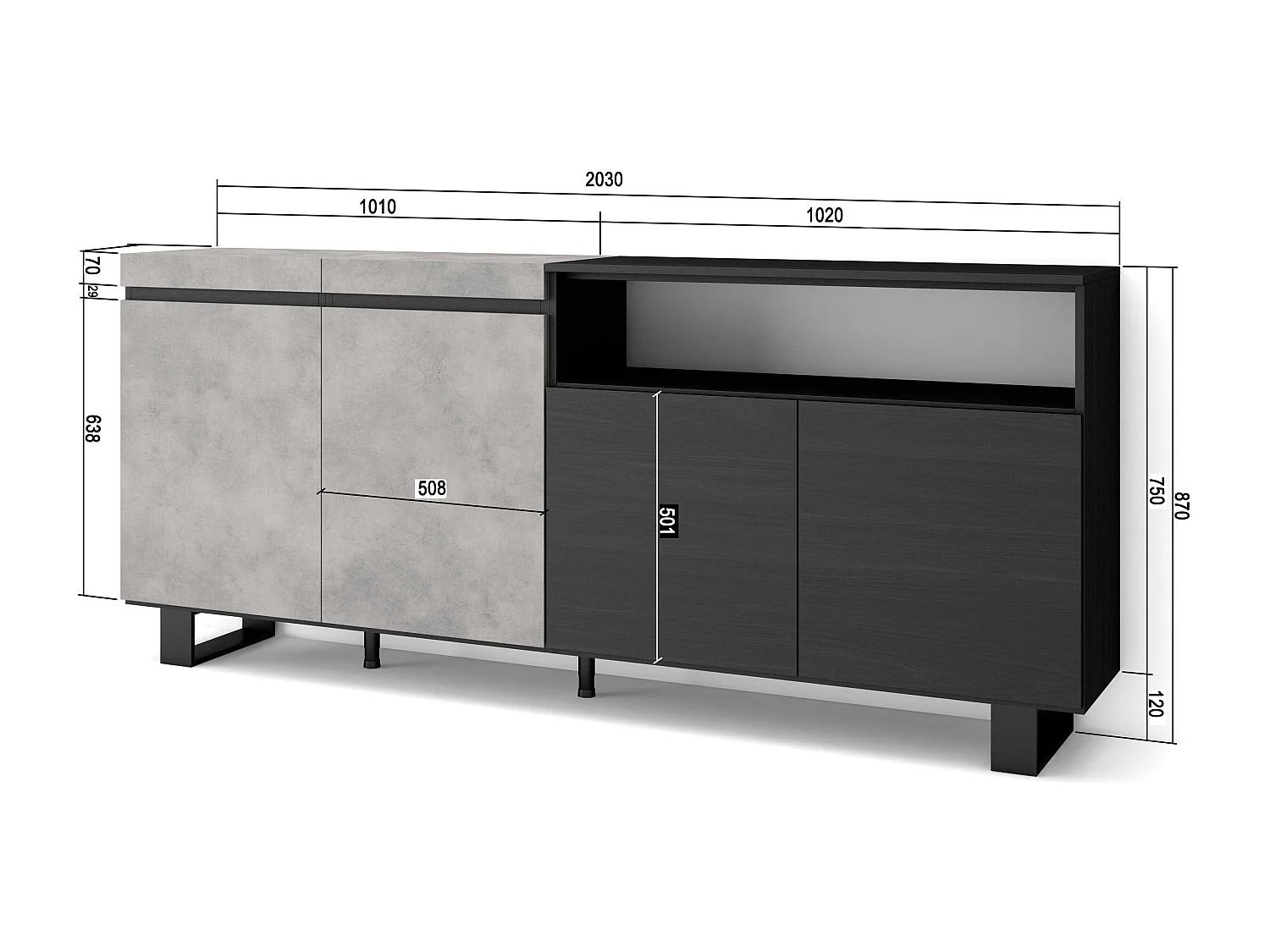 Dressoir, Opbergkast, 200x35x87cm, 4 Deuren, Industrieel design, Cement