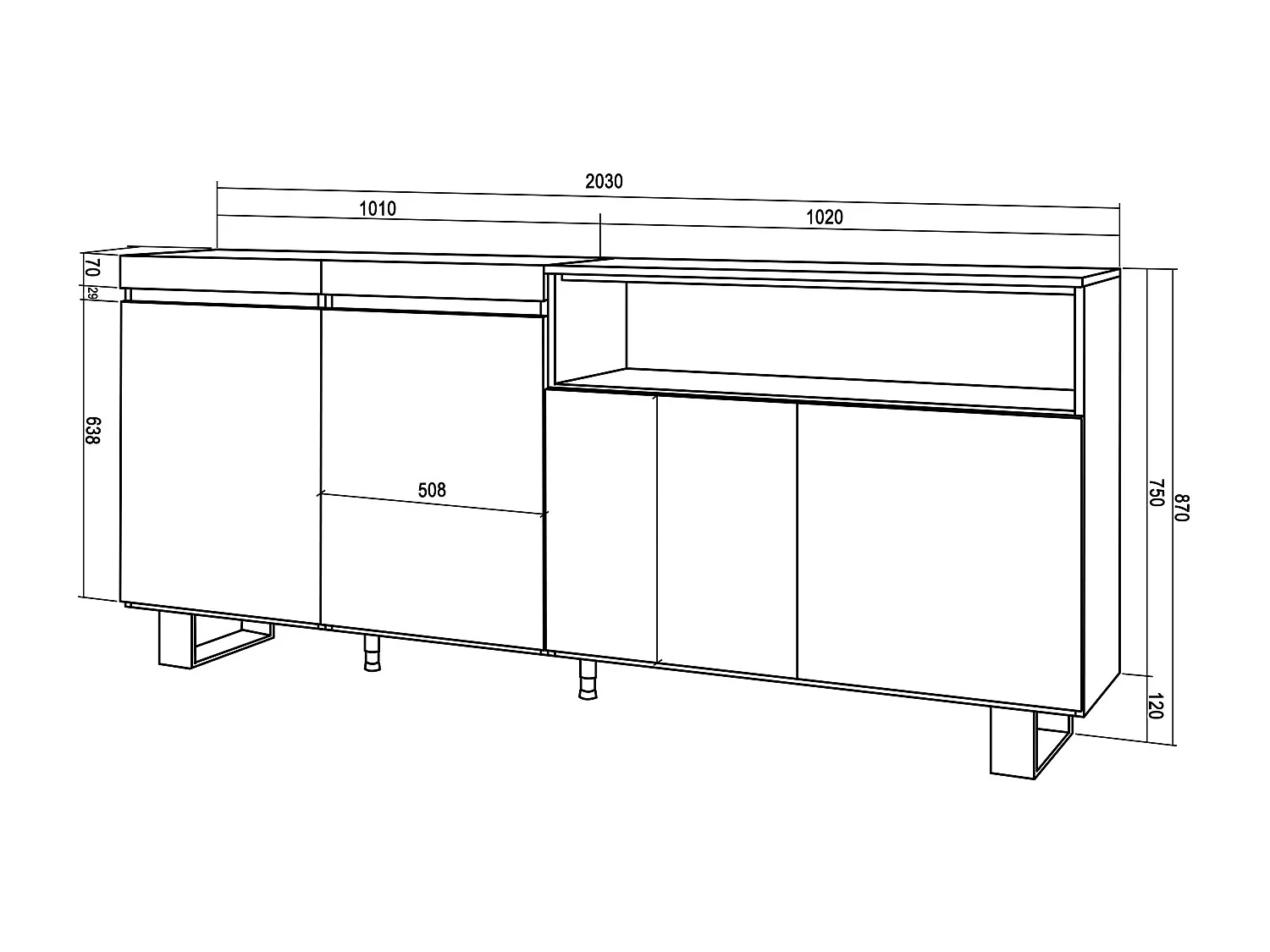 Dressoir, Opbergkast, 200x35x87cm, 4 Deuren, Industrieel design, Cement