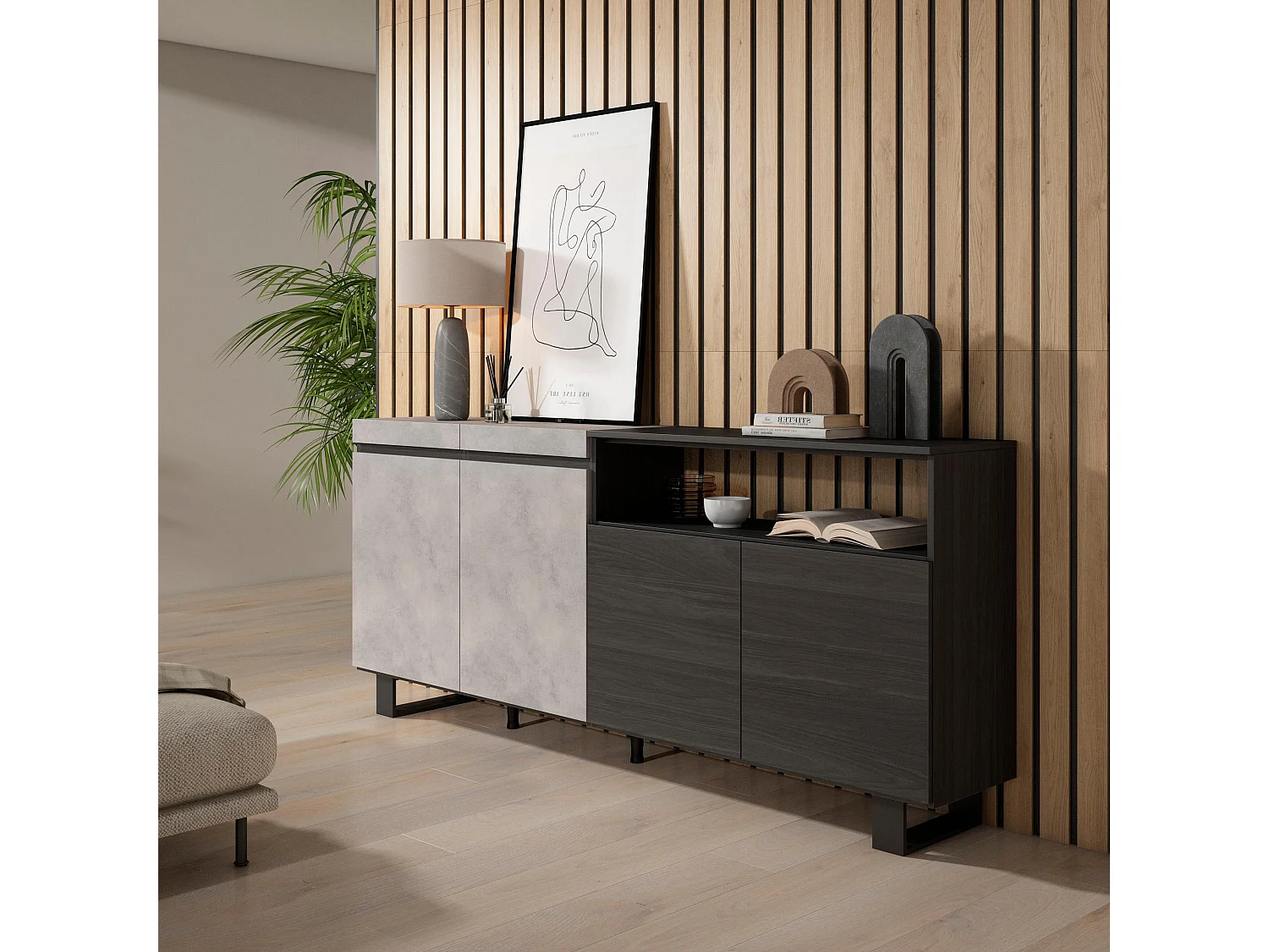 Aparador sala de jantar, 200x35x87cm, 4 Portas, Design industrial, Cimento