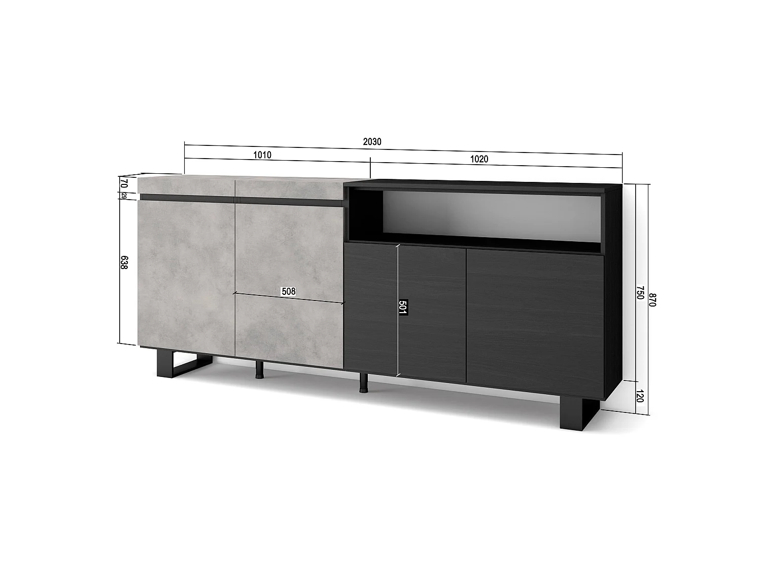 Aparador sala de jantar, 200x35x87cm, 4 Portas, Design industrial, Cimento