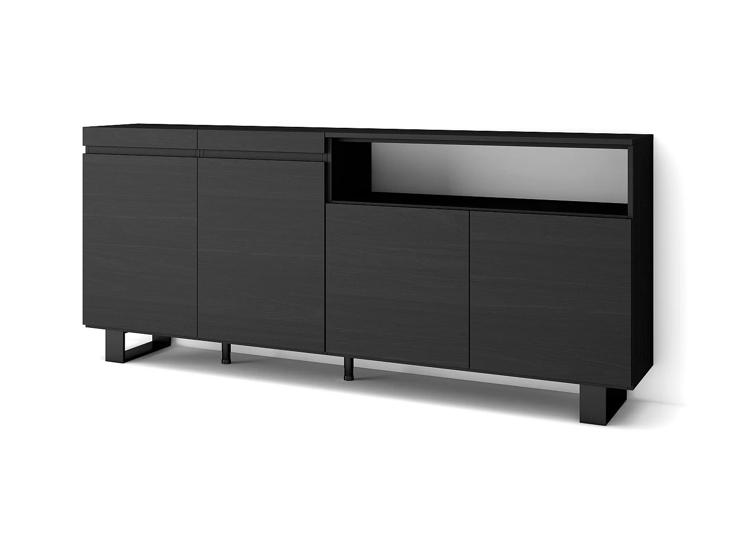 Buffet salon et cuisine, 200x35x87cm, 4 Portes, Design industriel, Noir