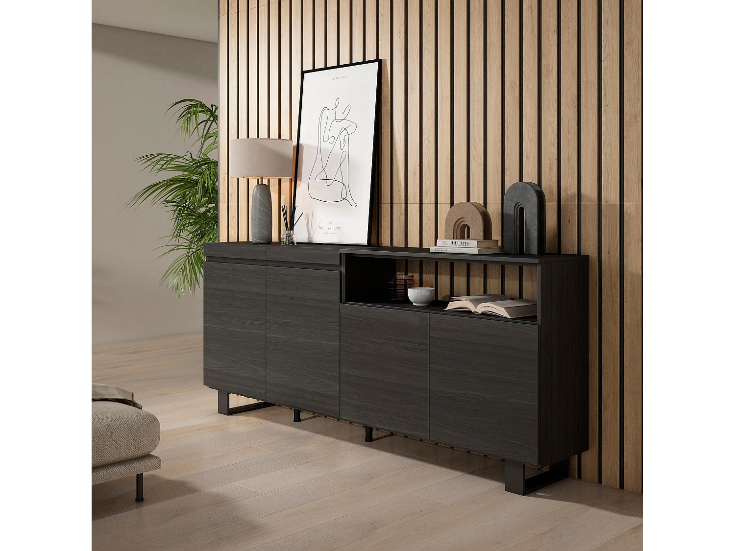 Sideboard, Highboard, 200x35x87cm, 4 Türen, Industriedesign, Schwarz