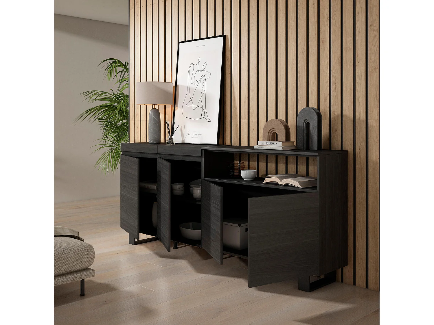 Sideboard, Highboard, 200x35x87cm, 4 Türen, Industriedesign, Schwarz