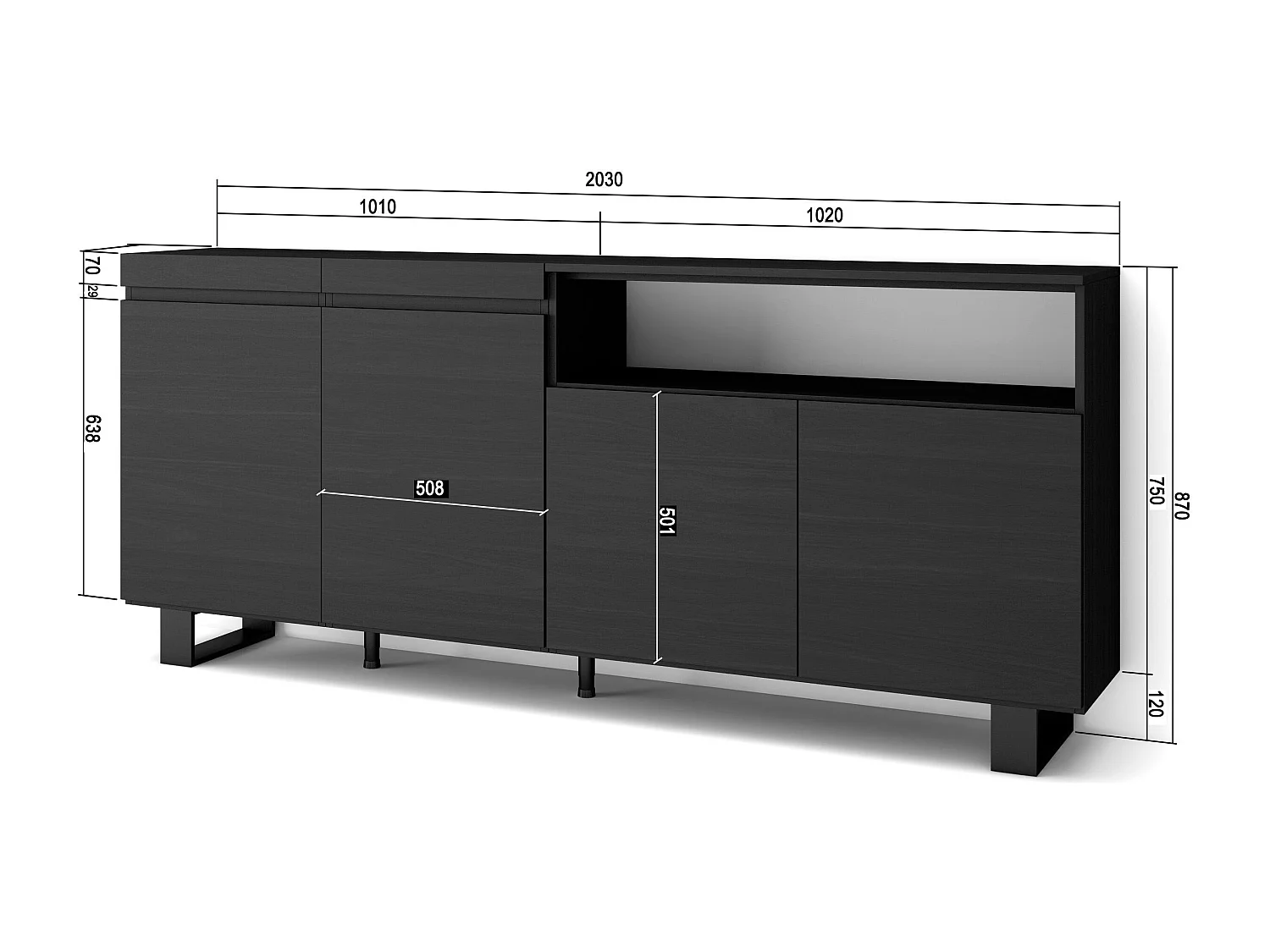 Sideboard, Highboard, 200x35x87cm, 4 Türen, Industriedesign, Schwarz