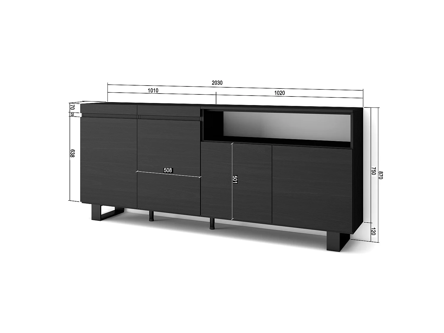 Buffet salon et cuisine, 200x35x87cm, 4 Portes, Design industriel, Noir