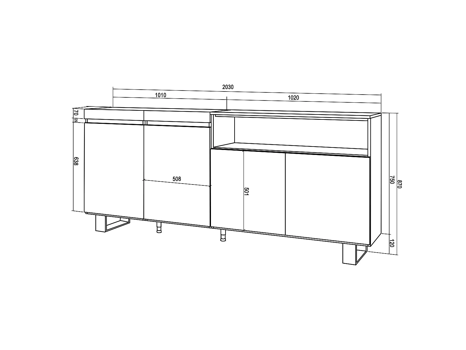 Buffet salon et cuisine, 200x35x87cm, 4 Portes, Design industriel, Noir