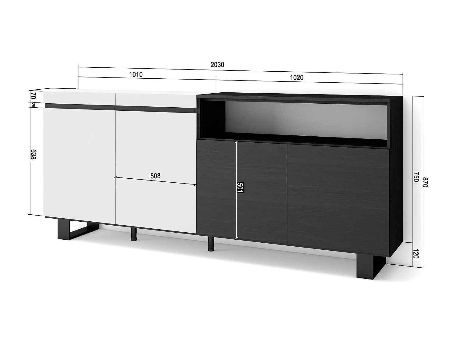 Aparador sala de jantar, 200x35x87cm, 4 Portas, Design industrial, Branco e preto