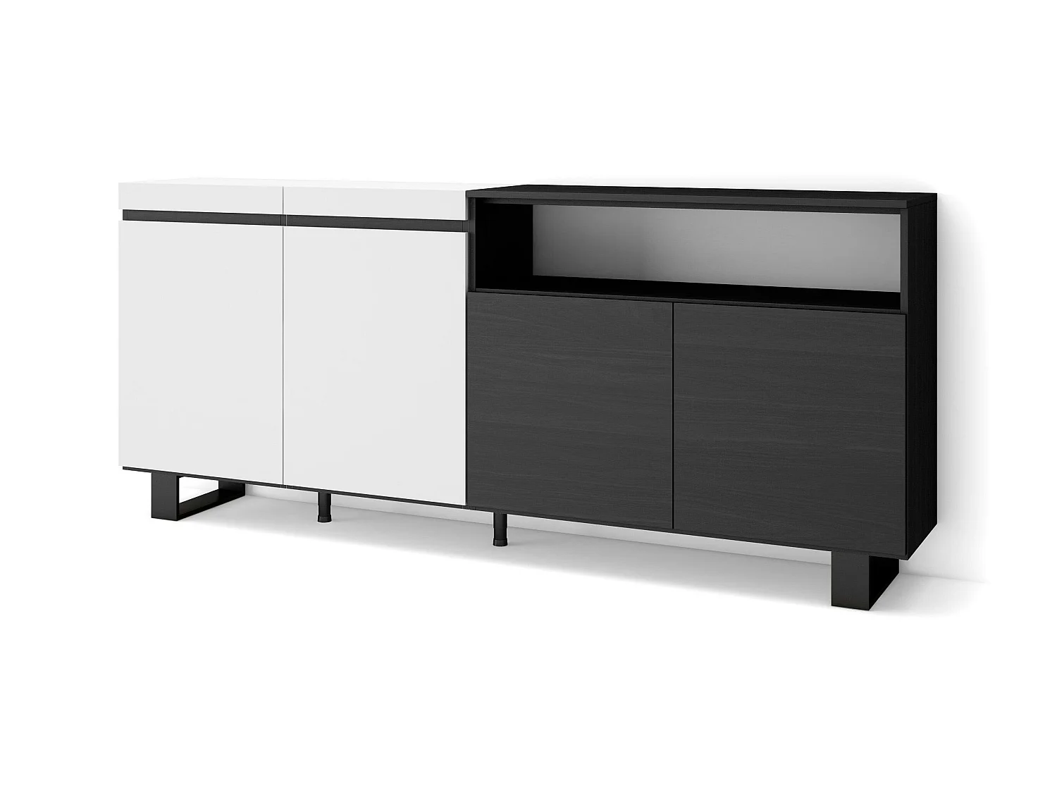 Buffet salon et cuisine, 200x35x87cm, 4 Portes, Design industriel, Blanc et noir