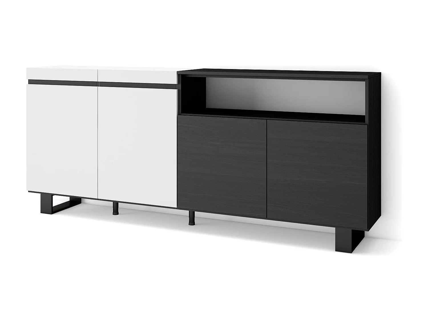 Dressoir, Opbergkast, 200x35x87cm, 4 Deuren, Industrieel design, Wit en Zwart
