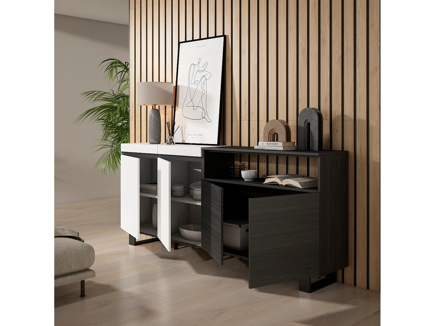 Dressoir, Opbergkast, 200x35x87cm, 4 Deuren, Industrieel design, Wit en Zwart