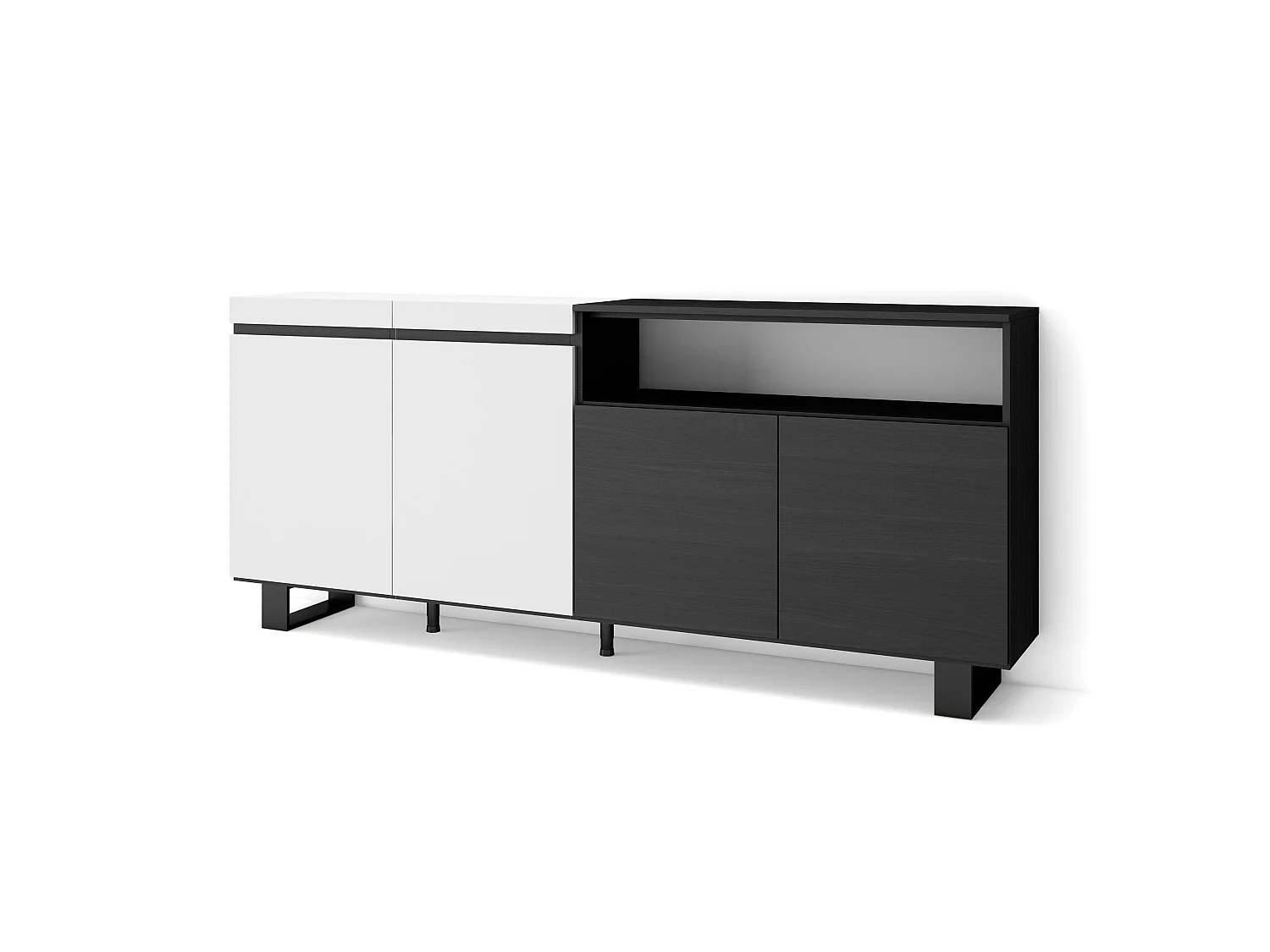Buffet salon et cuisine, 200x35x87cm, 4 Portes, Design industriel, Blanc et noir