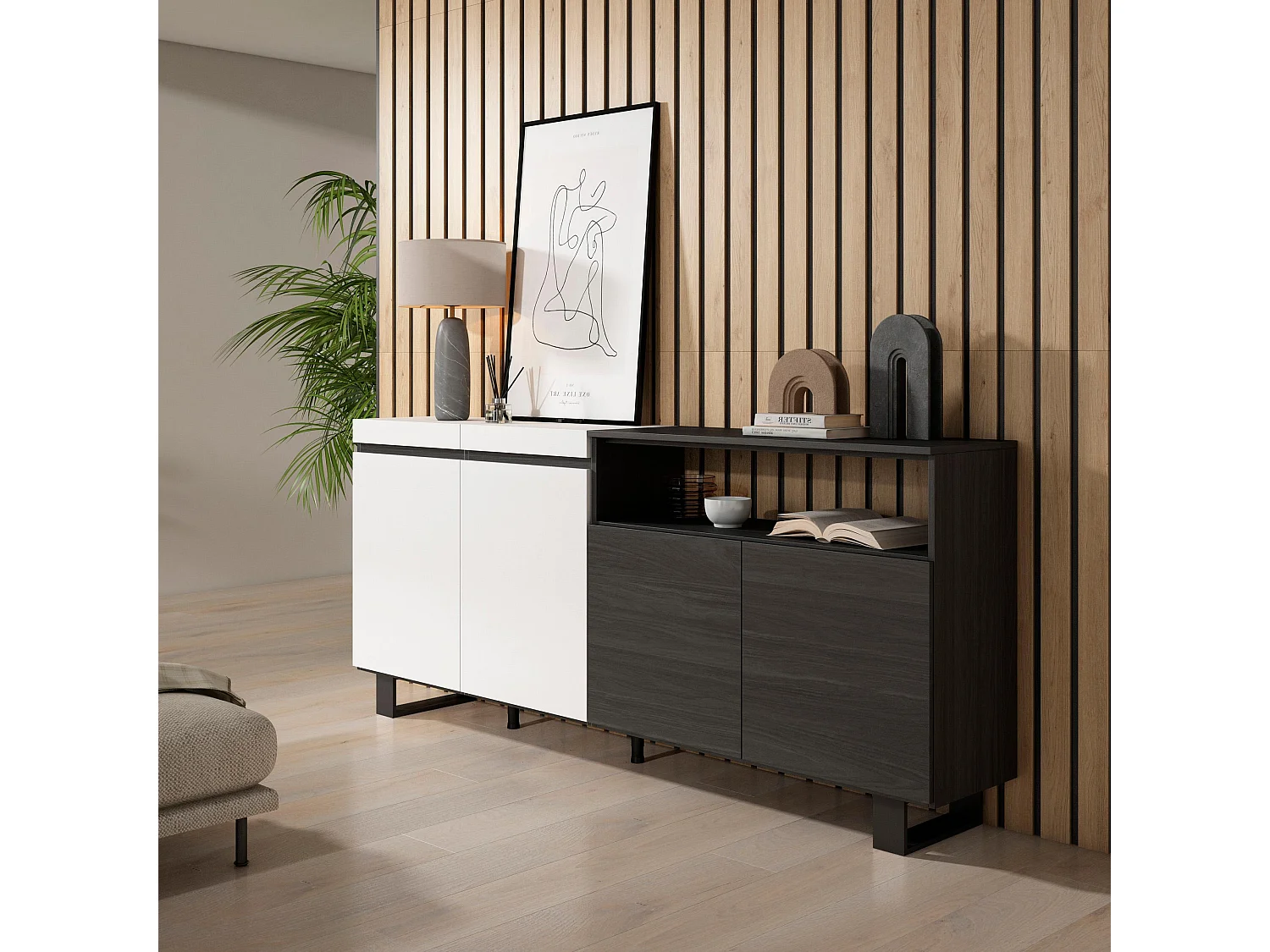 Buffet salon et cuisine, 200x35x87cm, 4 Portes, Design industriel, Blanc et noir