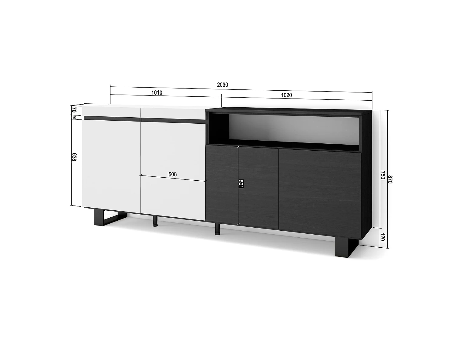 Buffet salon et cuisine, 200x35x87cm, 4 Portes, Design industriel, Blanc et noir