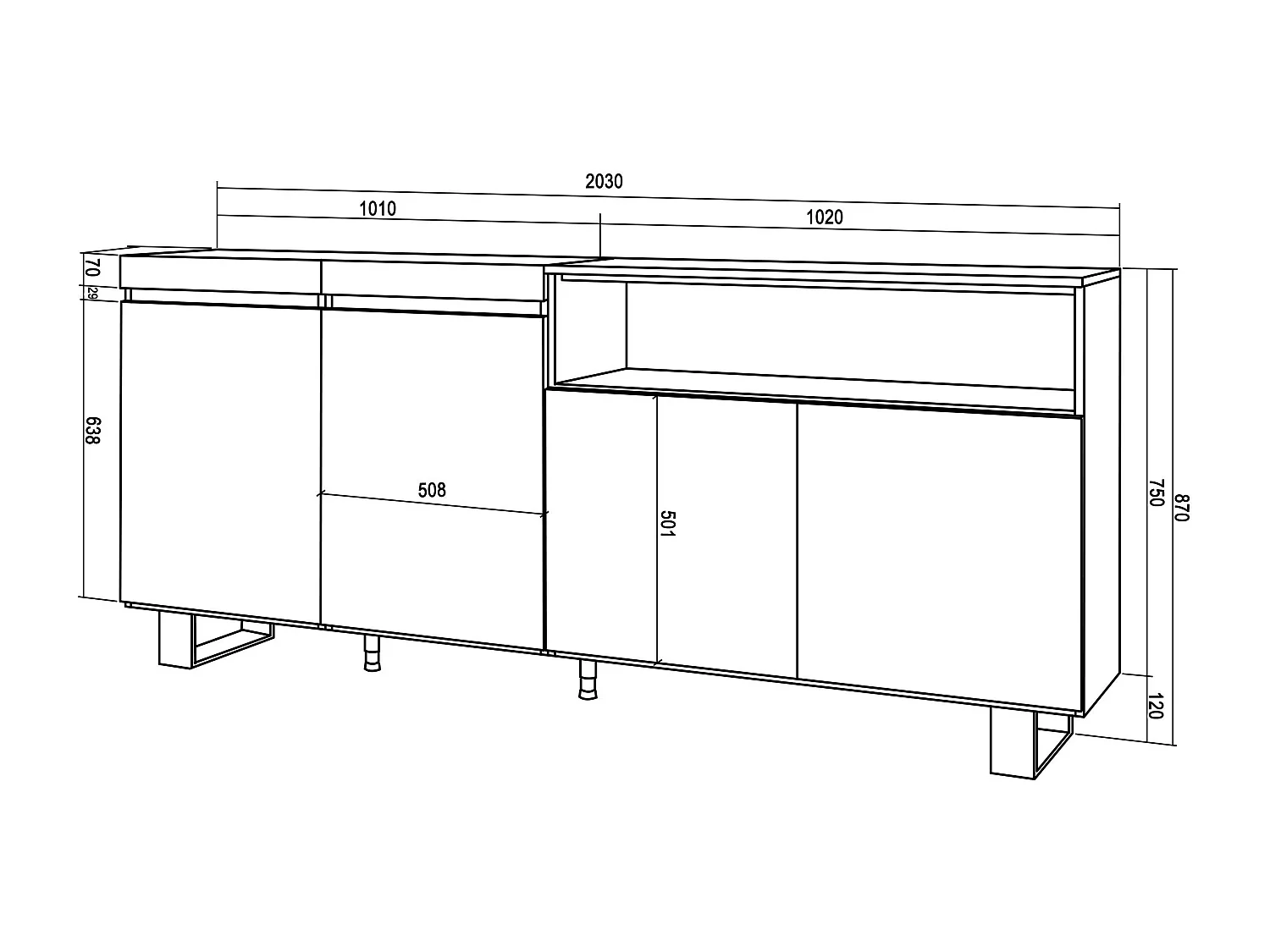 Dressoir, Opbergkast, 200x35x87cm, 4 Deuren, Industrieel design, Eiken/Zwart