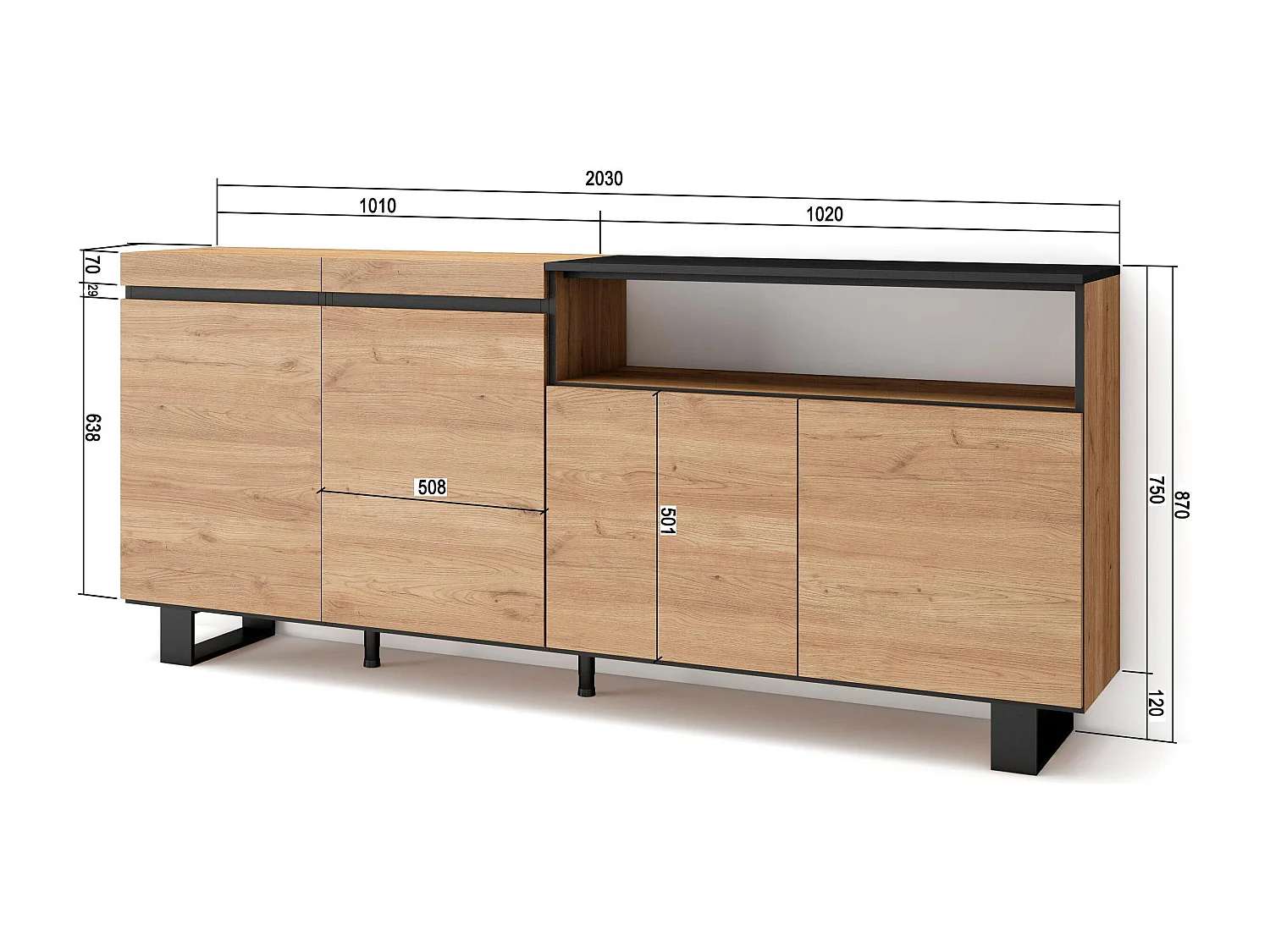 Dressoir, Opbergkast, 200x35x87cm, 4 Deuren, Industrieel design, Eiken/Zwart