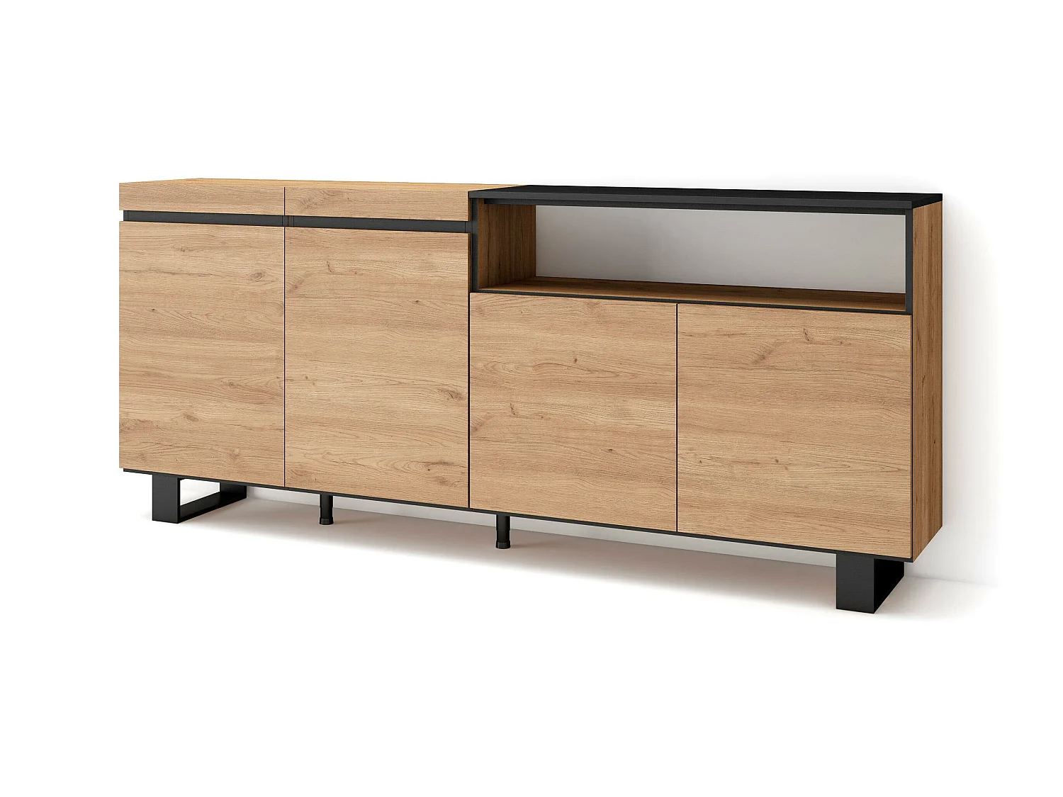 Buffet salon et cuisine, 200x35x87cm, 4 Portes, Design industriel, Chêne et noir
