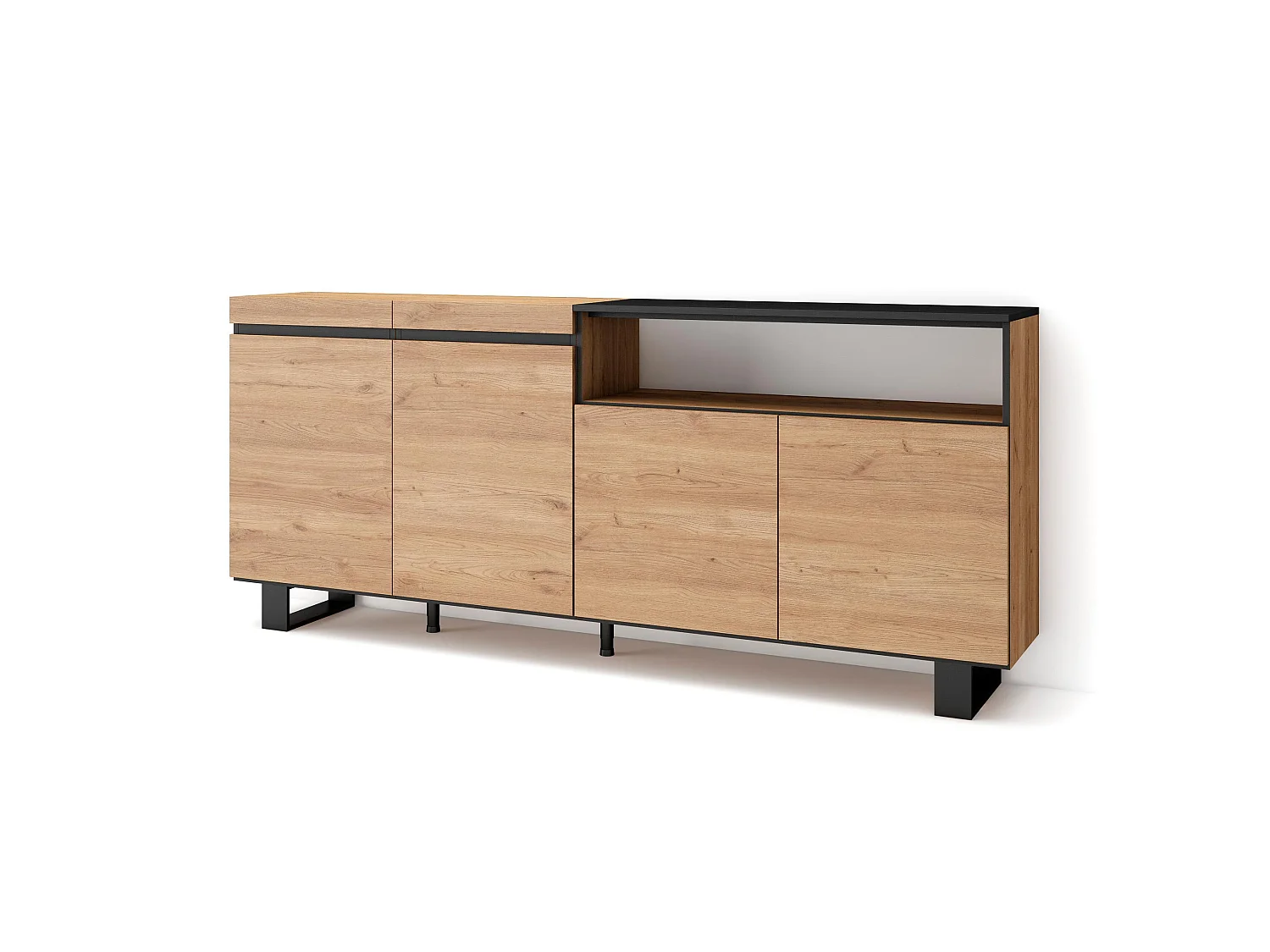 Aparadores para salón, 200x35x87cm, 4 Puertas, Diseño industrial, Roble y negro