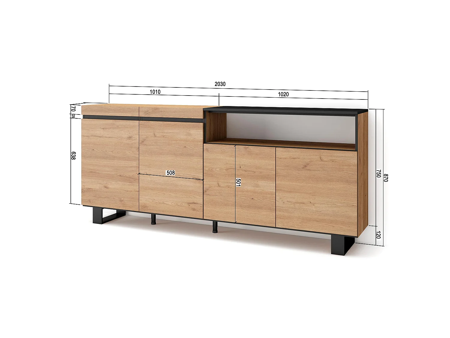 Aparadores para salón, 200x35x87cm, 4 Puertas, Diseño industrial, Roble y negro