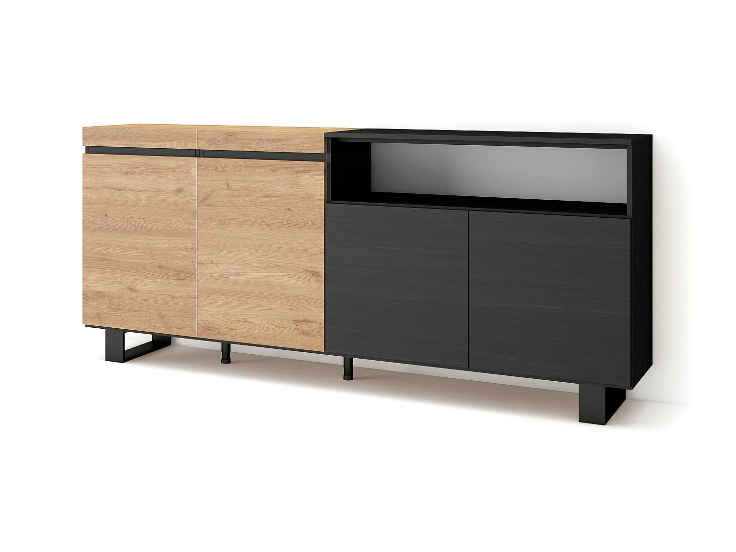 Buffet salon et cuisine, 200x35x87cm, 4 Portes, Design industriel, Chêne et noir