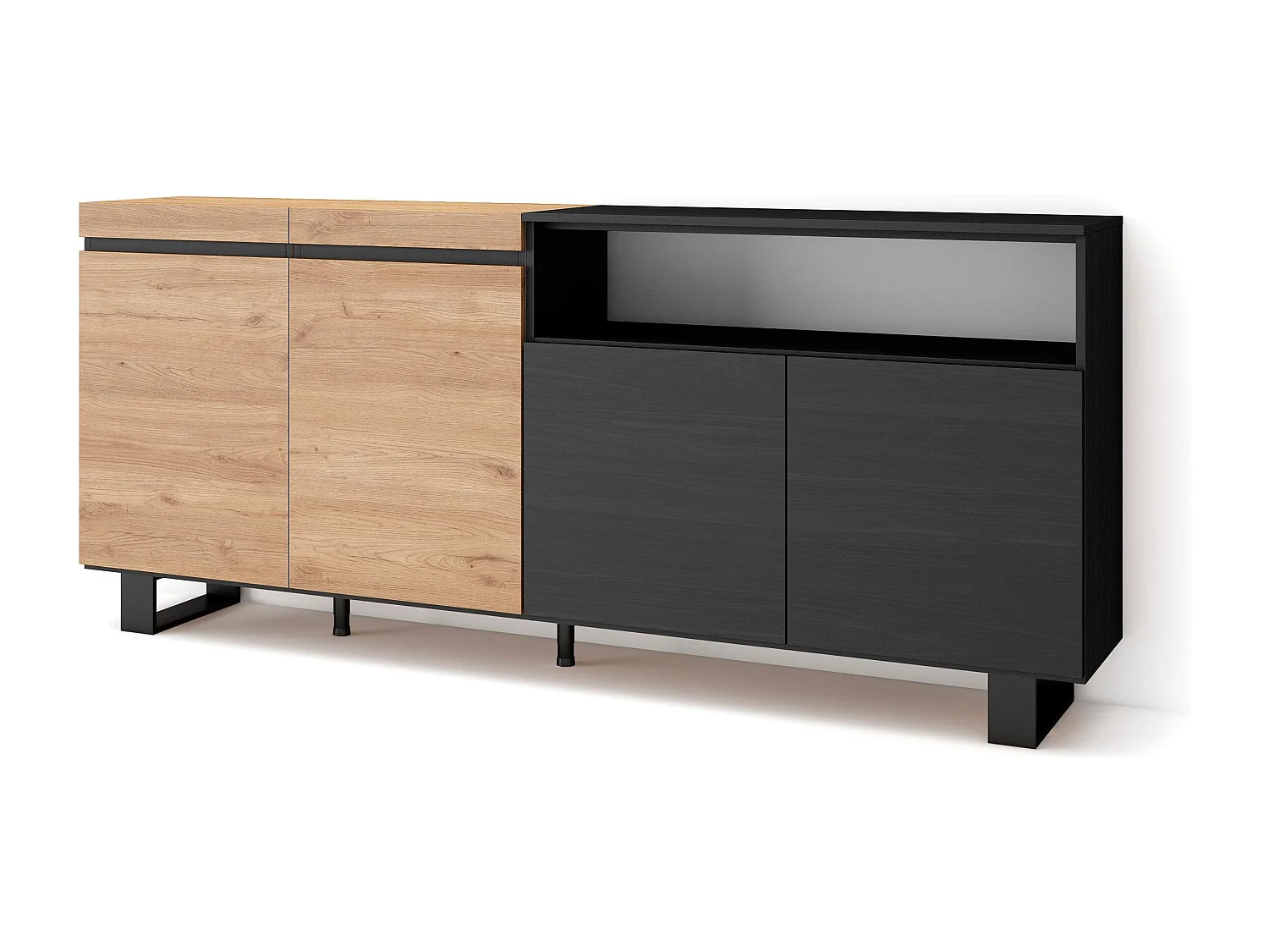 Sideboard, Highboard, 200x35x87cm, 4 Türen, Industriedesign, Eiche Schwarz