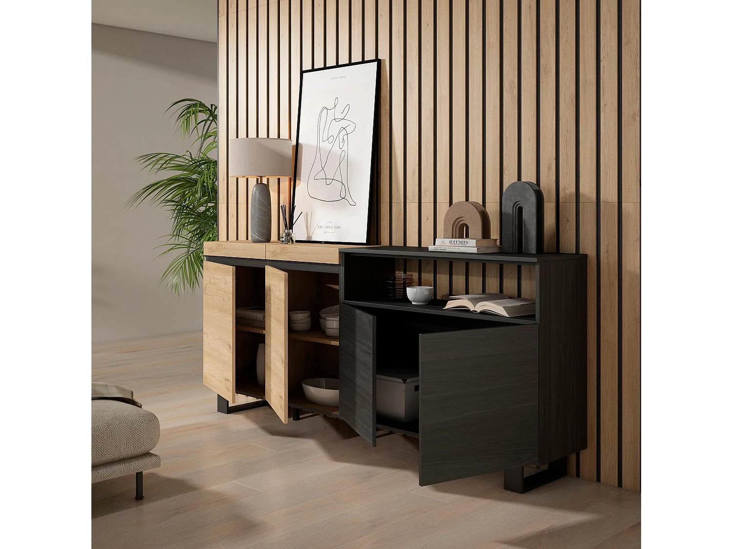Sideboard, Highboard, 200x35x87cm, 4 Türen, Industriedesign, Eiche Schwarz