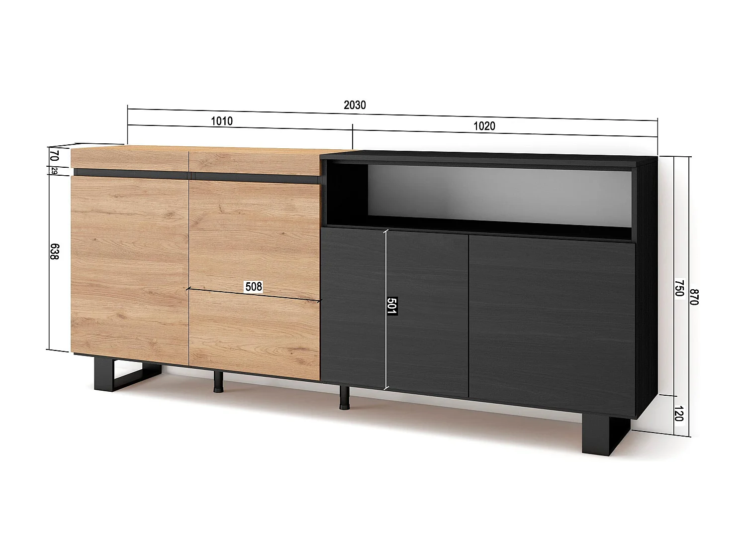 Sideboard, Highboard, 200x35x87cm, 4 Türen, Industriedesign, Eiche Schwarz