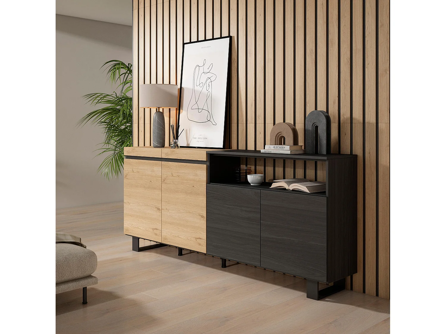 Buffet salon et cuisine, 200x35x87cm, 4 Portes, Design industriel, Chêne et noir