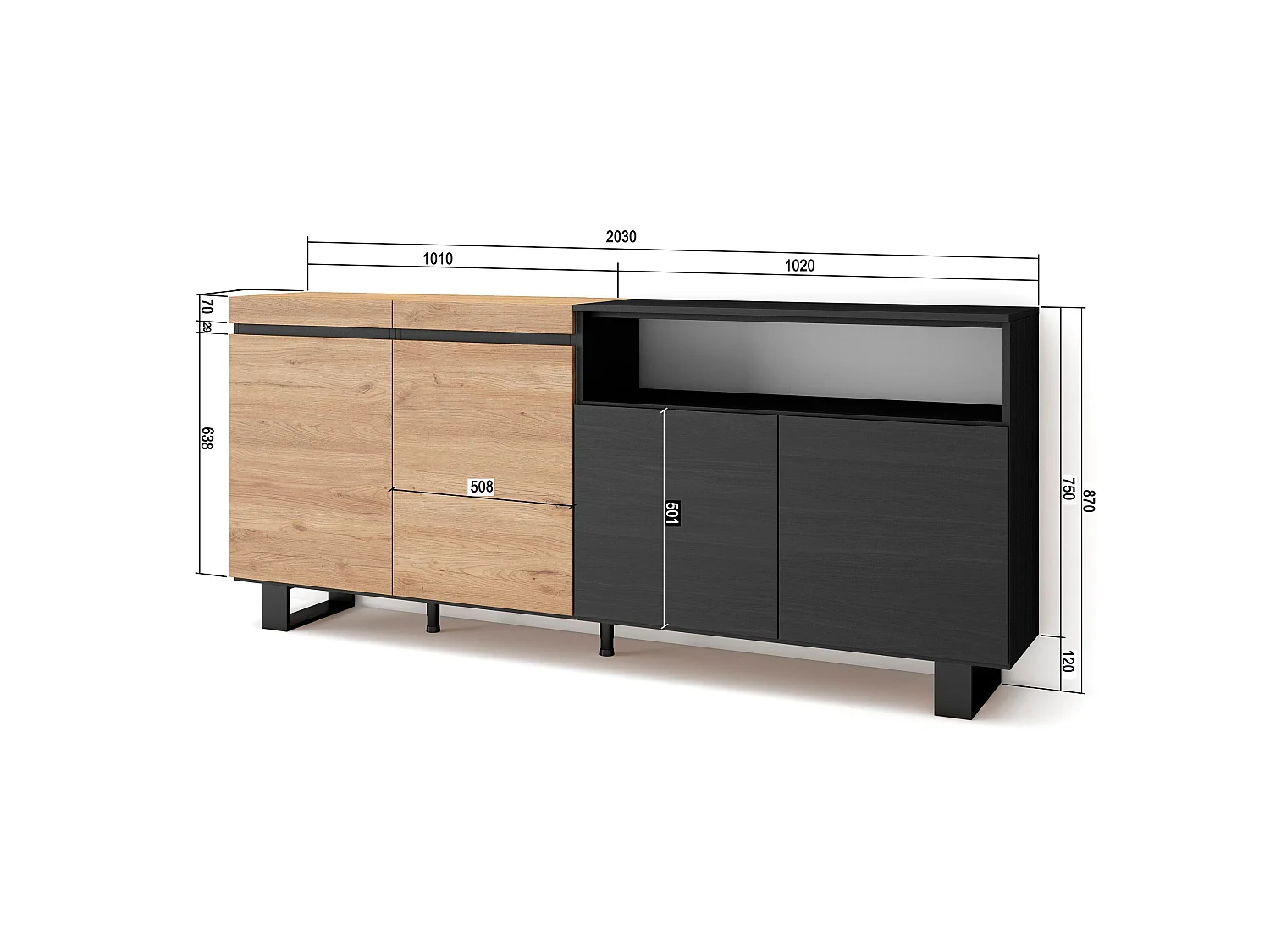 Buffet salon et cuisine, 200x35x87cm, 4 Portes, Design industriel, Chêne et noir