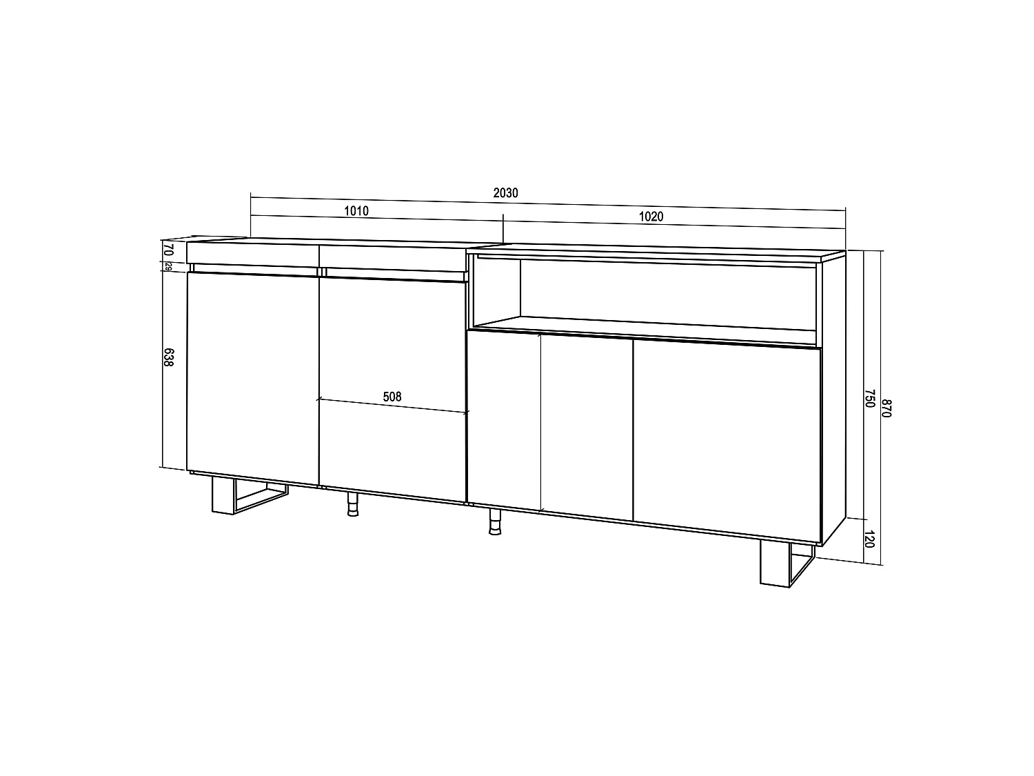 Buffet salon et cuisine, 200x35x87cm, 4 Portes, Design industriel, Chêne et noir